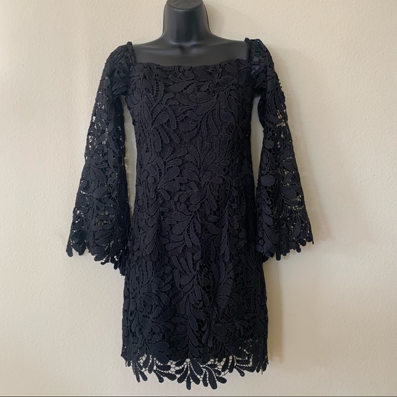 Bardot Black Lace Bell Sleeve Off Shoulder Mini Dress - Picture 4 of 12